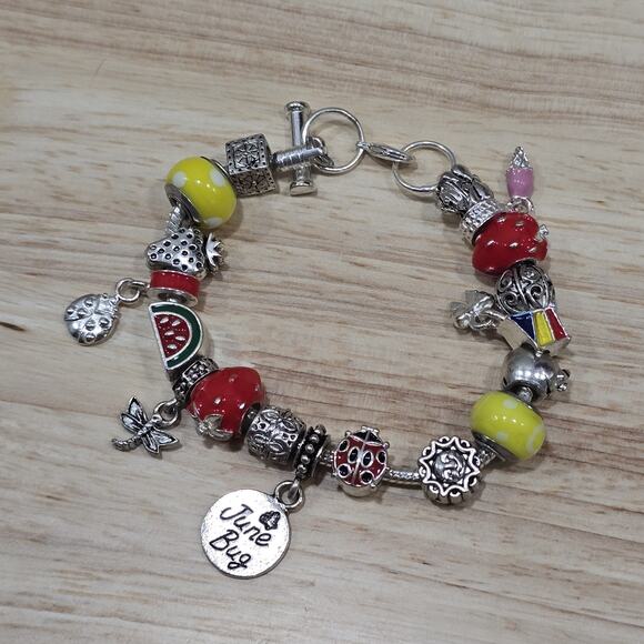 Charm Bracelet June Bug Summer Bugs Kite Yellow European Beads Bee Ice Cream - Picture 1 of 9